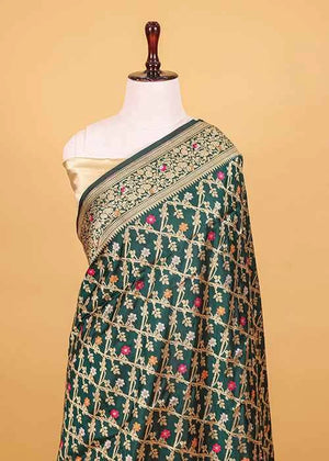 Dark Green Katan Silk Saree — Cut Work