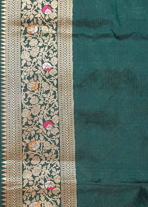 Dark Green Katan Silk Saree — Cut Work
