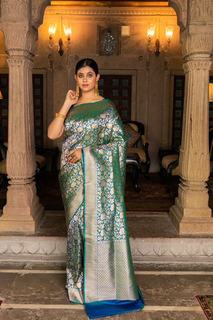 Green Handwoven Brocade Katan Silk Saree - Panaya 