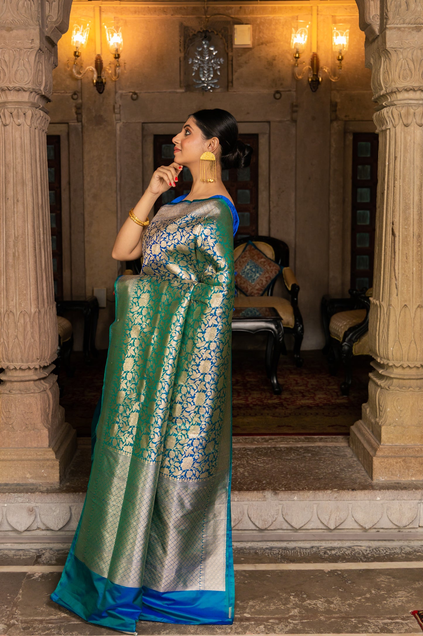 Green Handwoven Brocade Katan Silk Saree - Panaya 