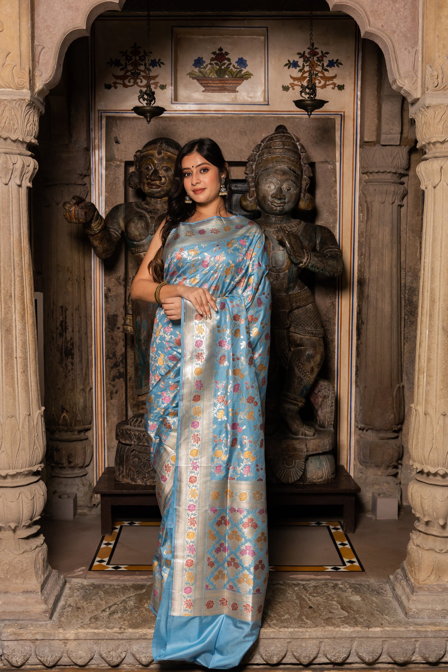 Light Blue Handwoven Cutwork Katan Silk Saree - Panaya 