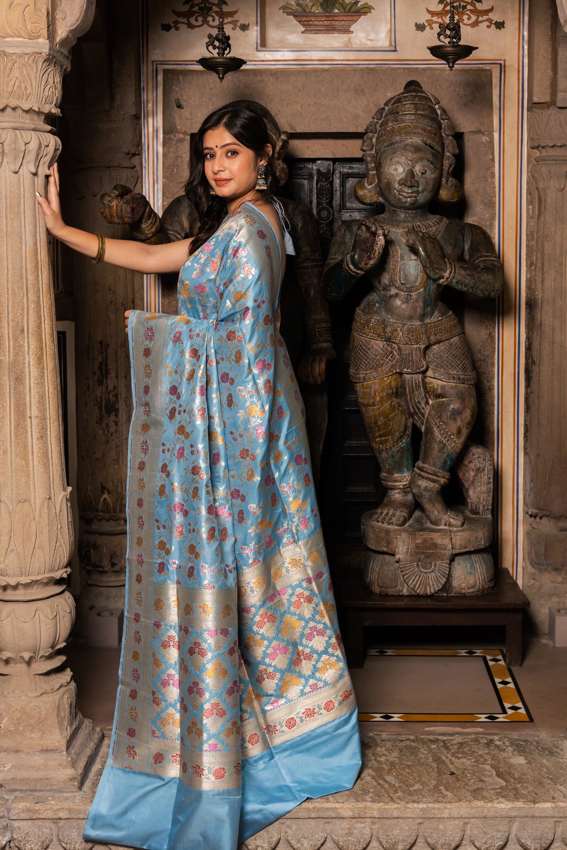 Light Blue Handwoven Cutwork Katan Silk Saree