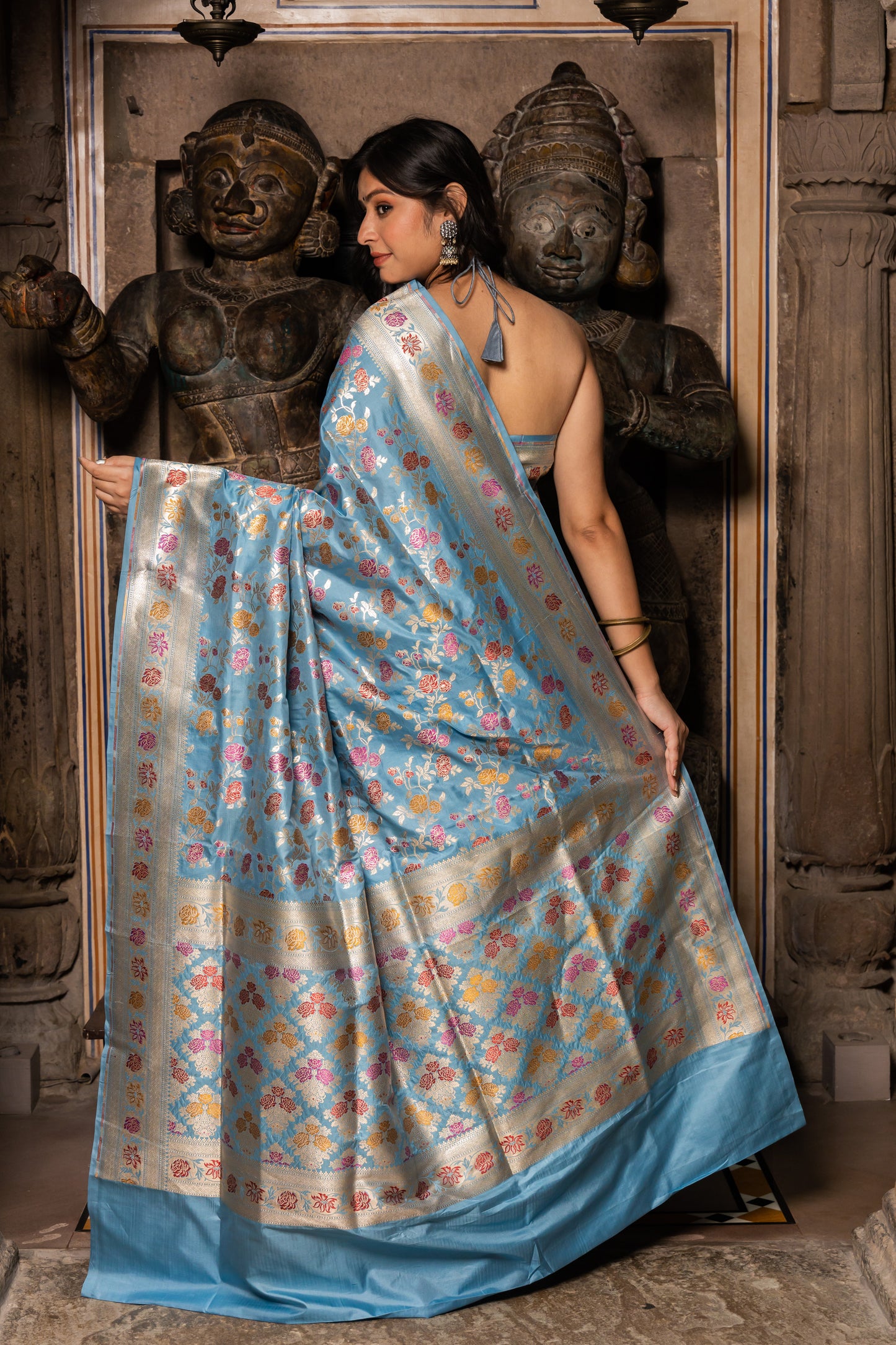 Light Blue Handwoven Cutwork Katan Silk Saree - Panaya 