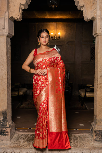 Red Handwoven Cutwork Katan Silk Saree - Panaya 