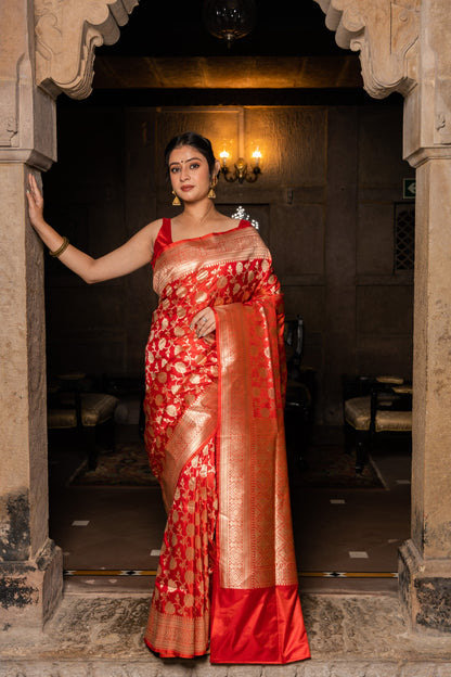 Red Handwoven Cutwork Katan Silk Saree - Panaya 