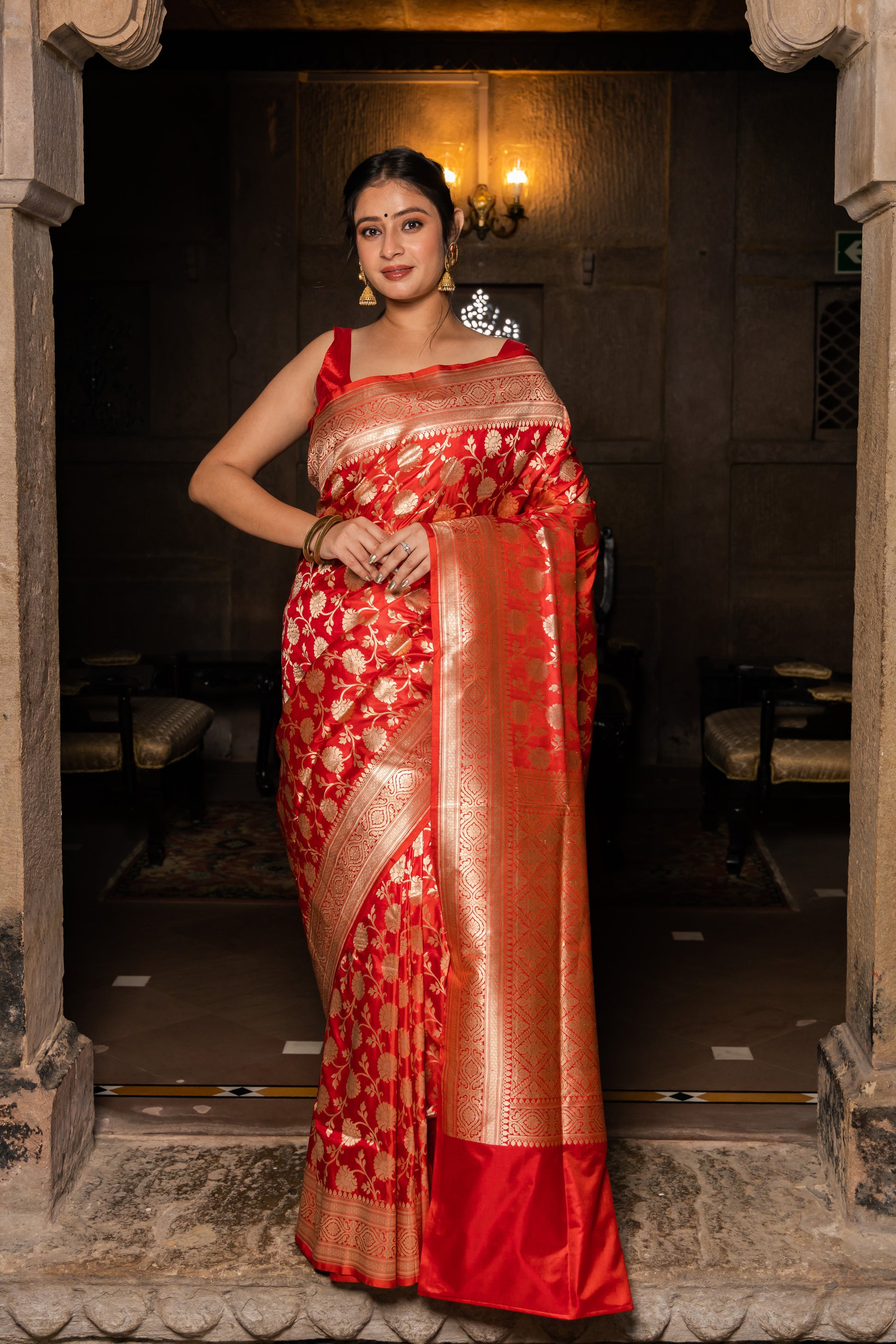Red Handwoven Cutwork Katan Silk Saree