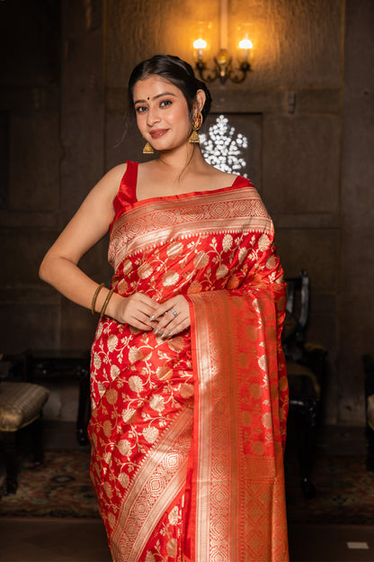 Red Handwoven Cutwork Katan Silk Saree - Panaya 