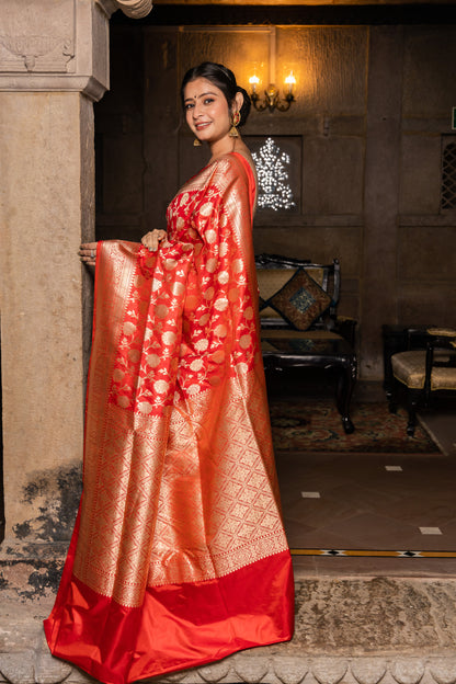 Red Handwoven Cutwork Katan Silk Saree - Panaya 