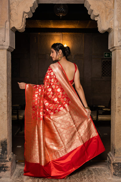 Red Handwoven Cutwork Katan Silk Saree - Panaya 