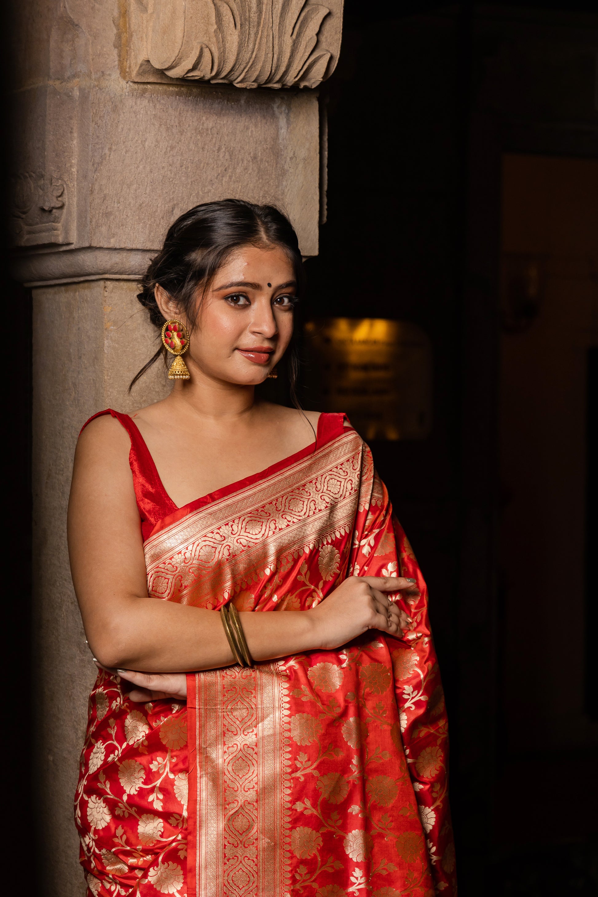 Red Handwoven Cutwork Katan Silk Saree