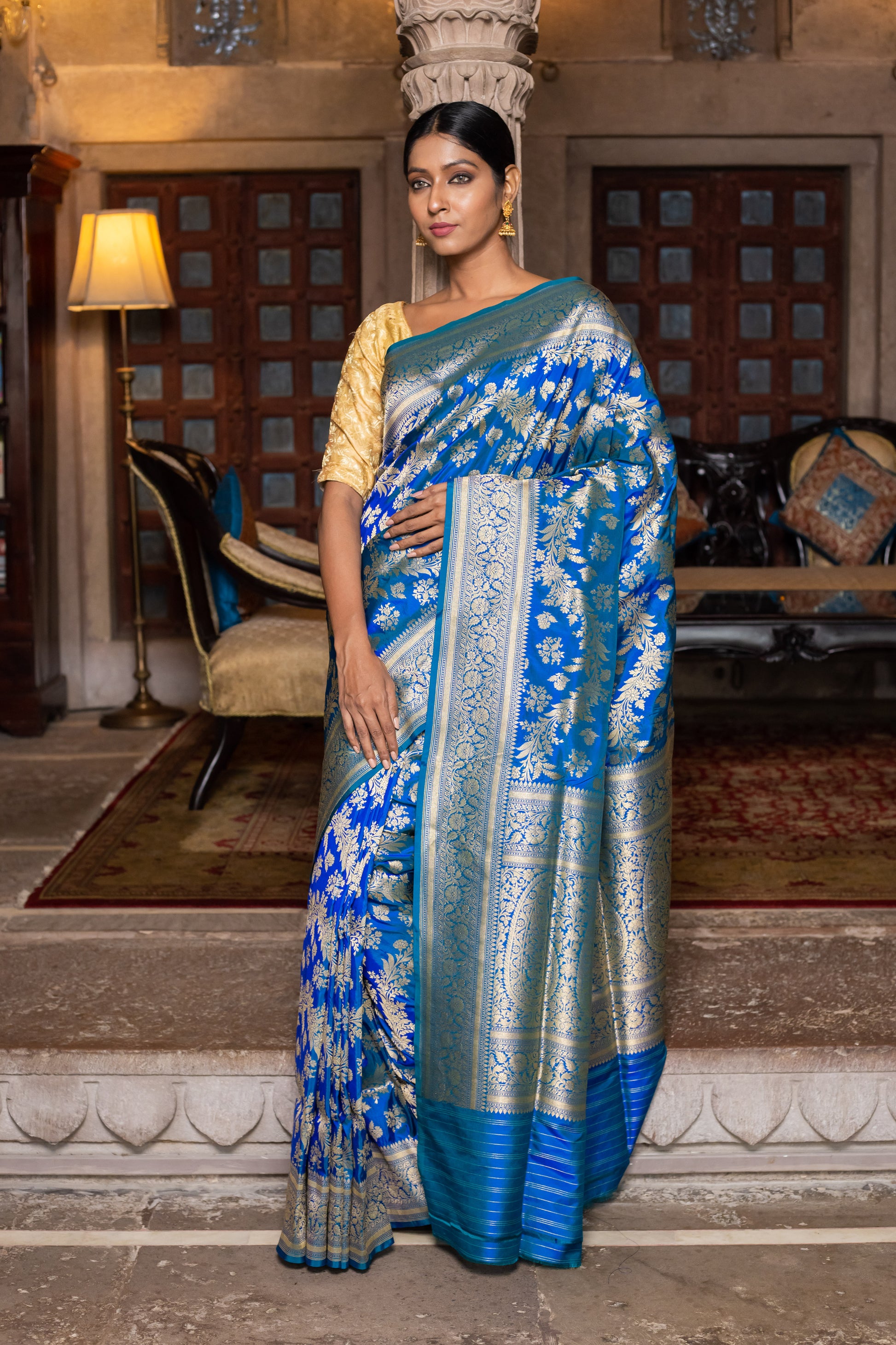 Turquoise Blue Handwoven Cutwork Katan Silk Saree