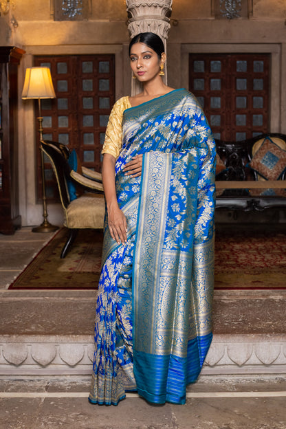 Turquoise Blue Handwoven Cutwork Katan Silk Saree - Panaya 