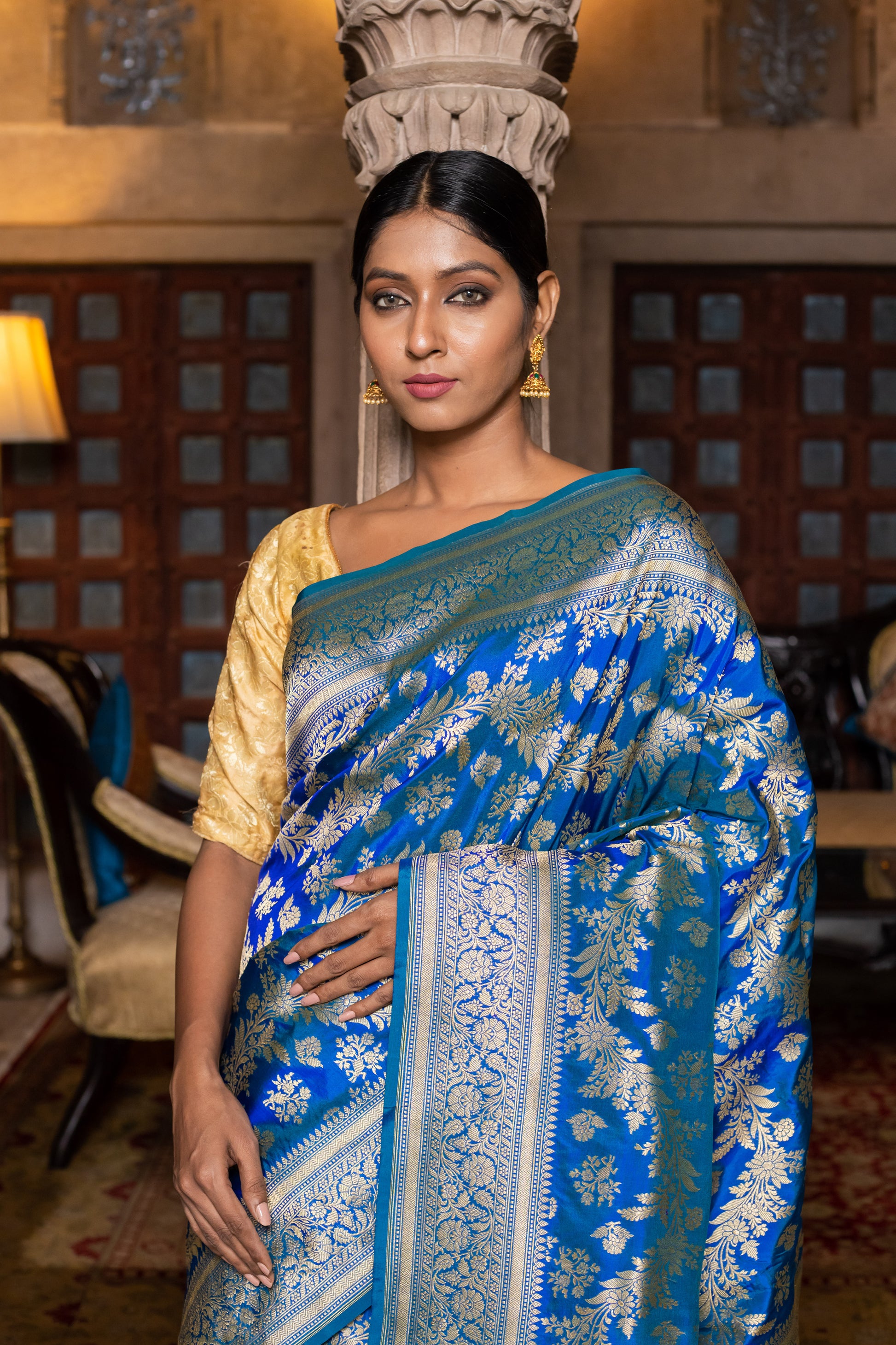 Turquoise Blue Handwoven Cutwork Katan Silk Saree