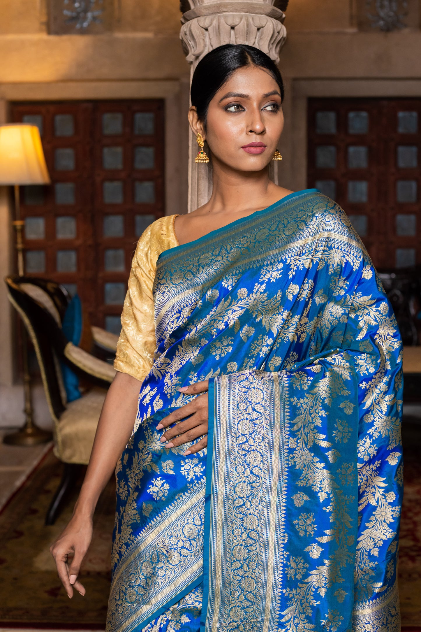 Turquoise Blue Handwoven Cutwork Katan Silk Saree