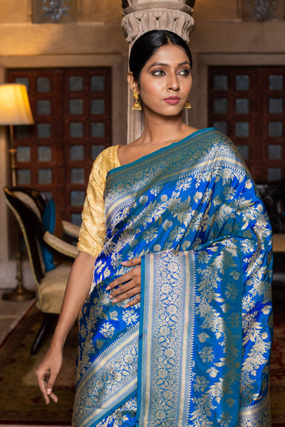 Turquoise Blue Handwoven Cutwork Katan Silk Saree