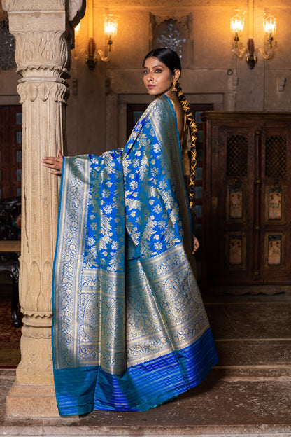 Turquoise Blue Handwoven Cutwork Katan Silk Saree