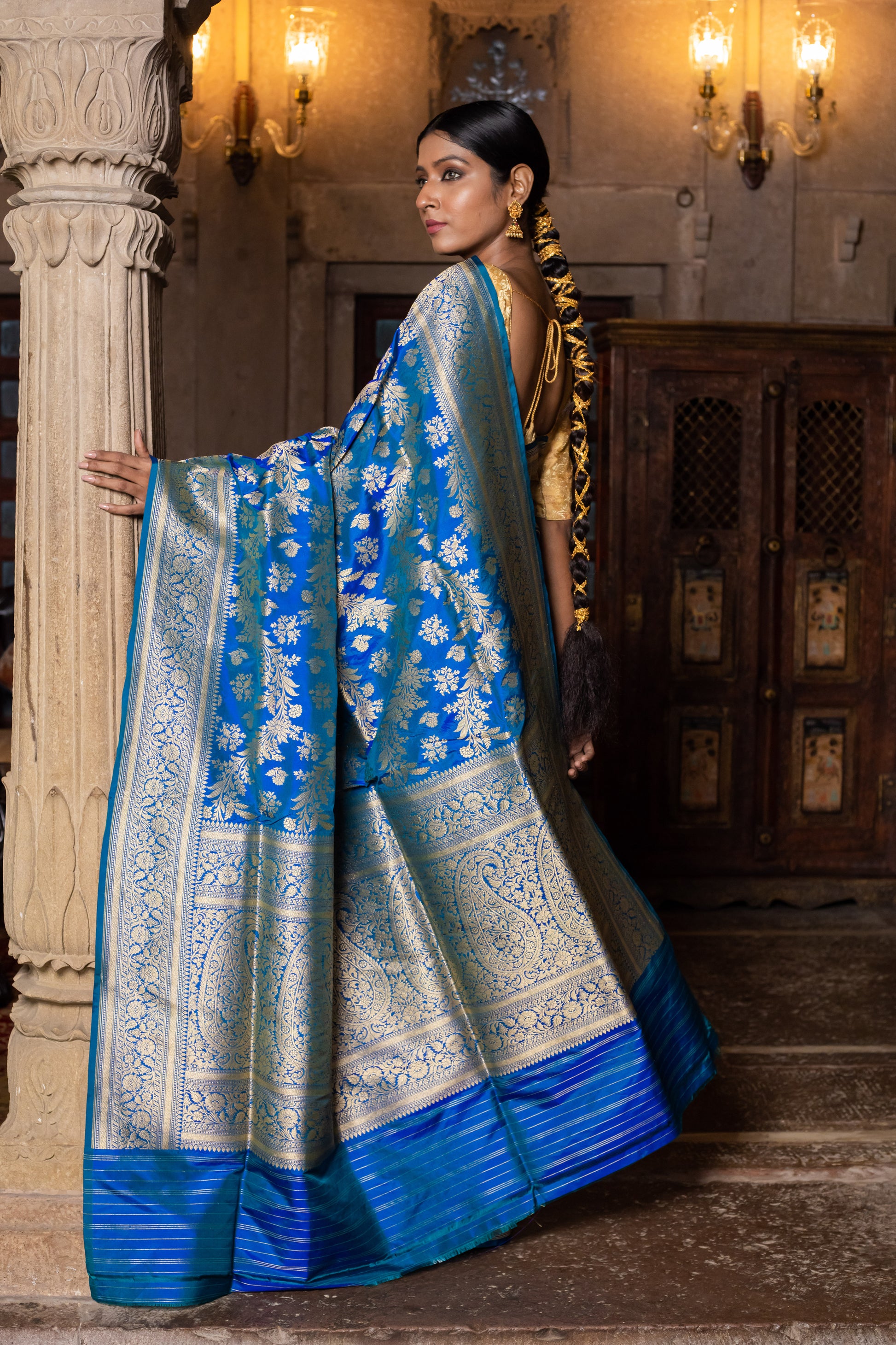 Turquoise Blue Handwoven Cutwork Katan Silk Saree