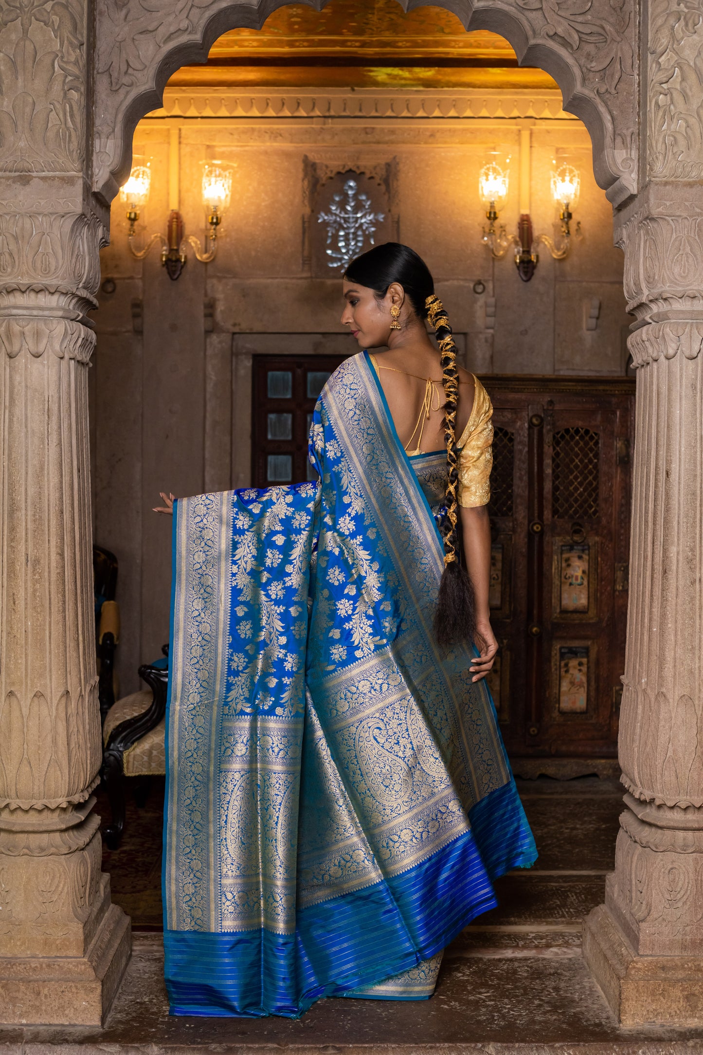 Turquoise Blue Handwoven Cutwork Katan Silk Saree - Panaya 