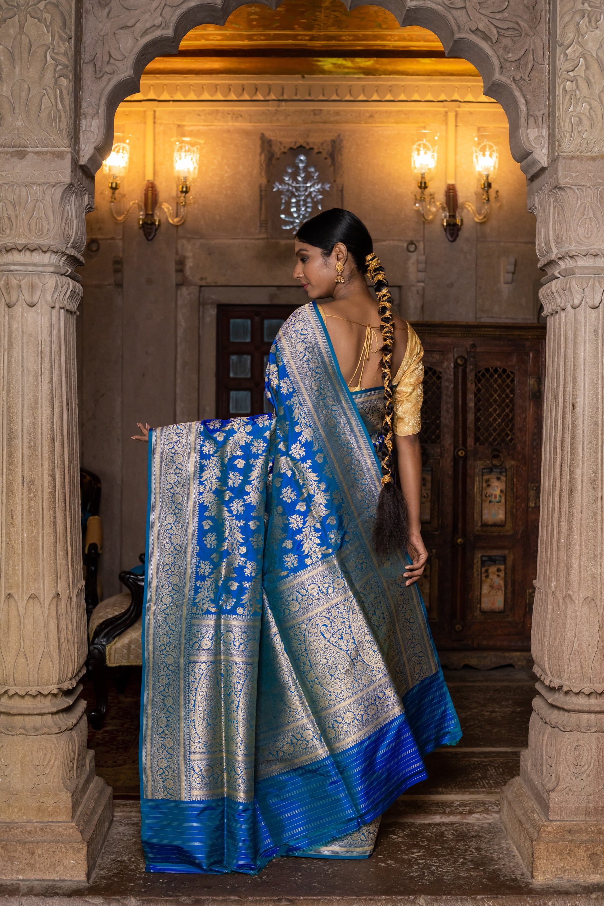 Turquoise Blue Handwoven Cutwork Katan Silk Saree