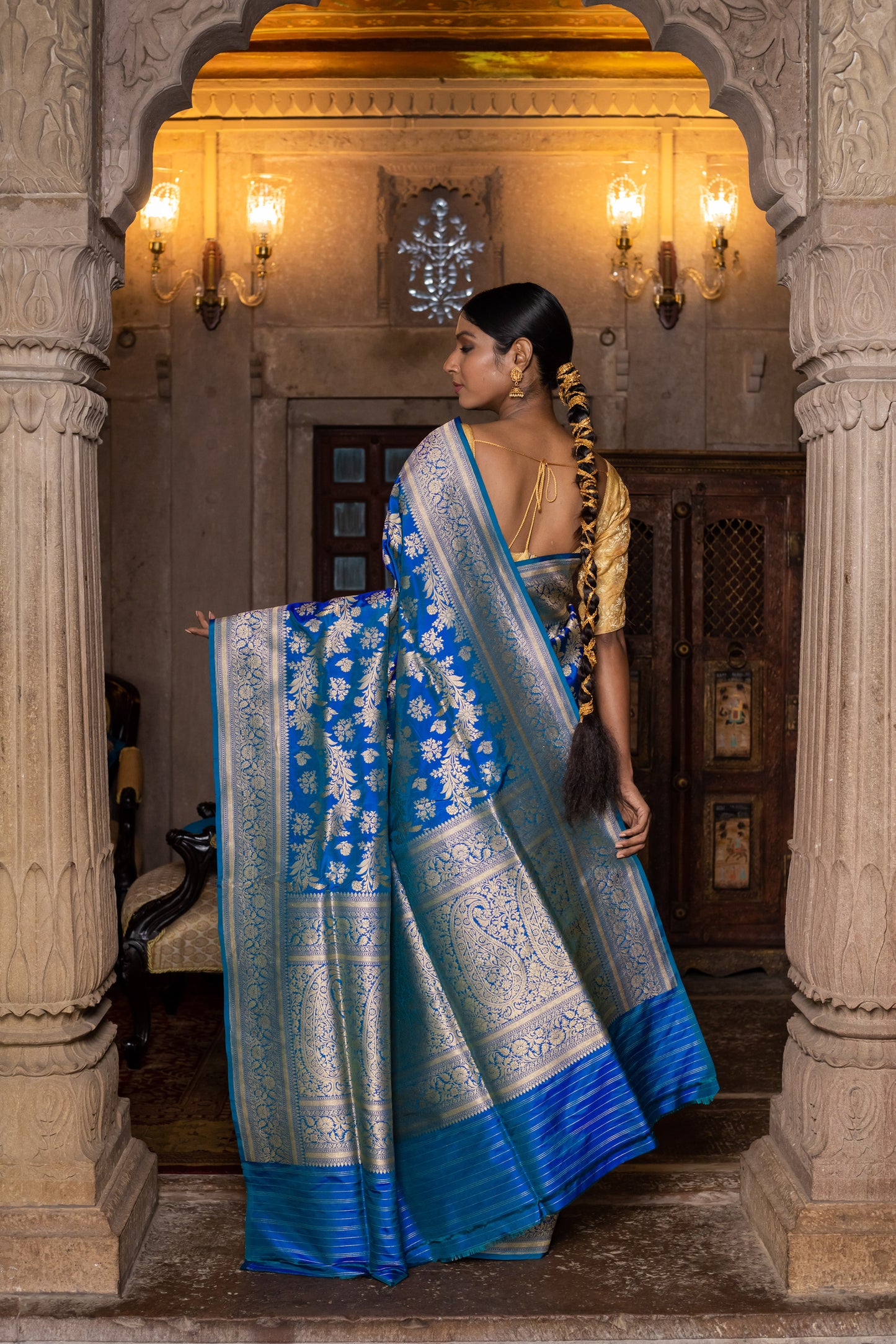 Turquoise Blue Handwoven Cutwork Katan Silk Saree - Panaya 