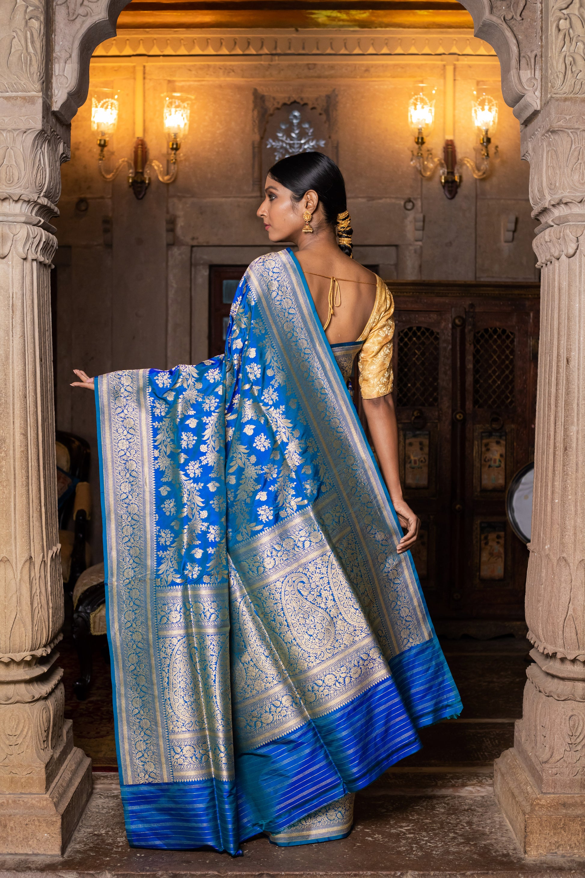 Turquoise Blue Handwoven Cutwork Katan Silk Saree