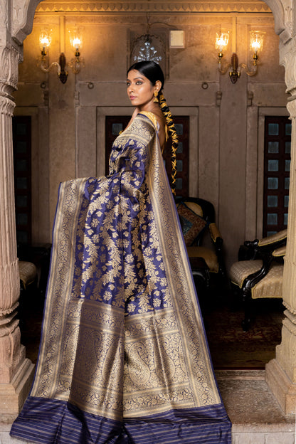 Blue Handwoven Cutwork Katan Silk Saree - Panaya 