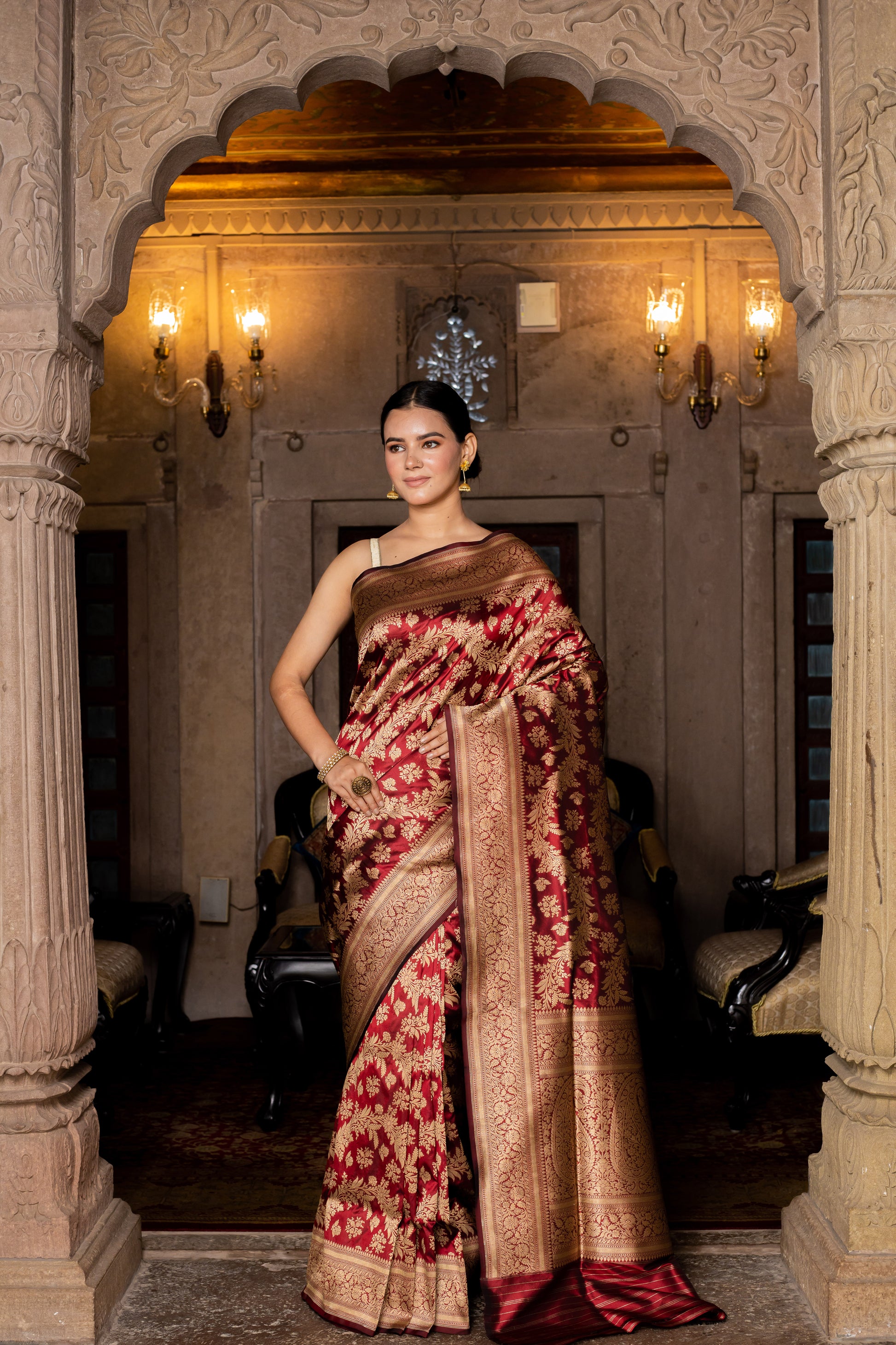 Maroon Handwoven Cutwork Katan Silk Saree