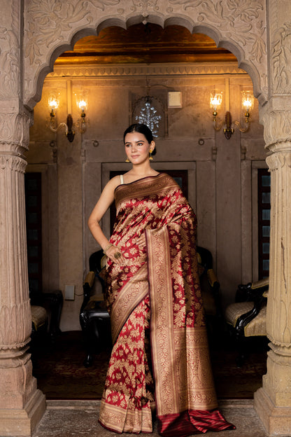 Maroon Handwoven Cutwork Katan Silk Saree - Panaya 