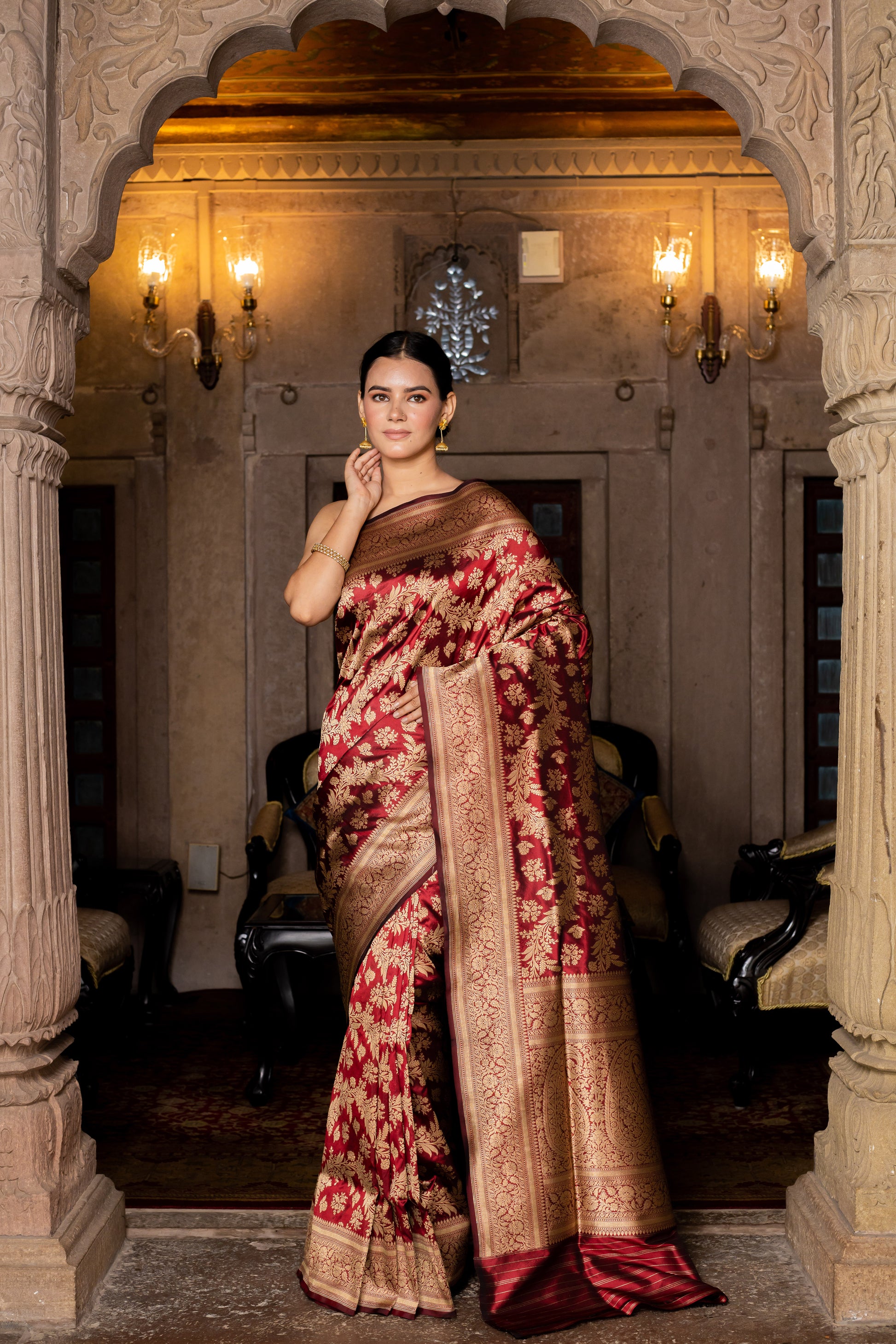 Maroon Handwoven Cutwork Katan Silk Saree