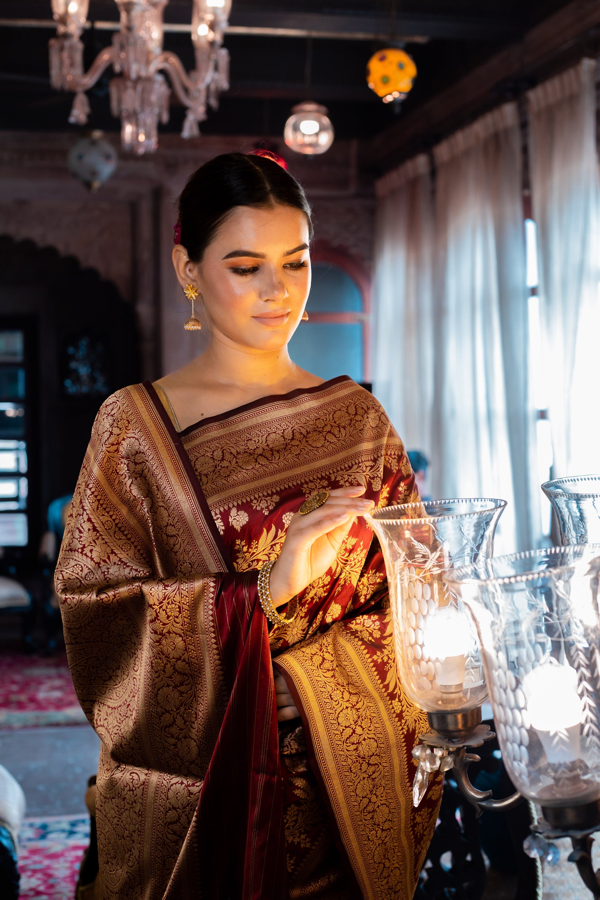 Maroon Handwoven Cutwork Katan Silk Saree