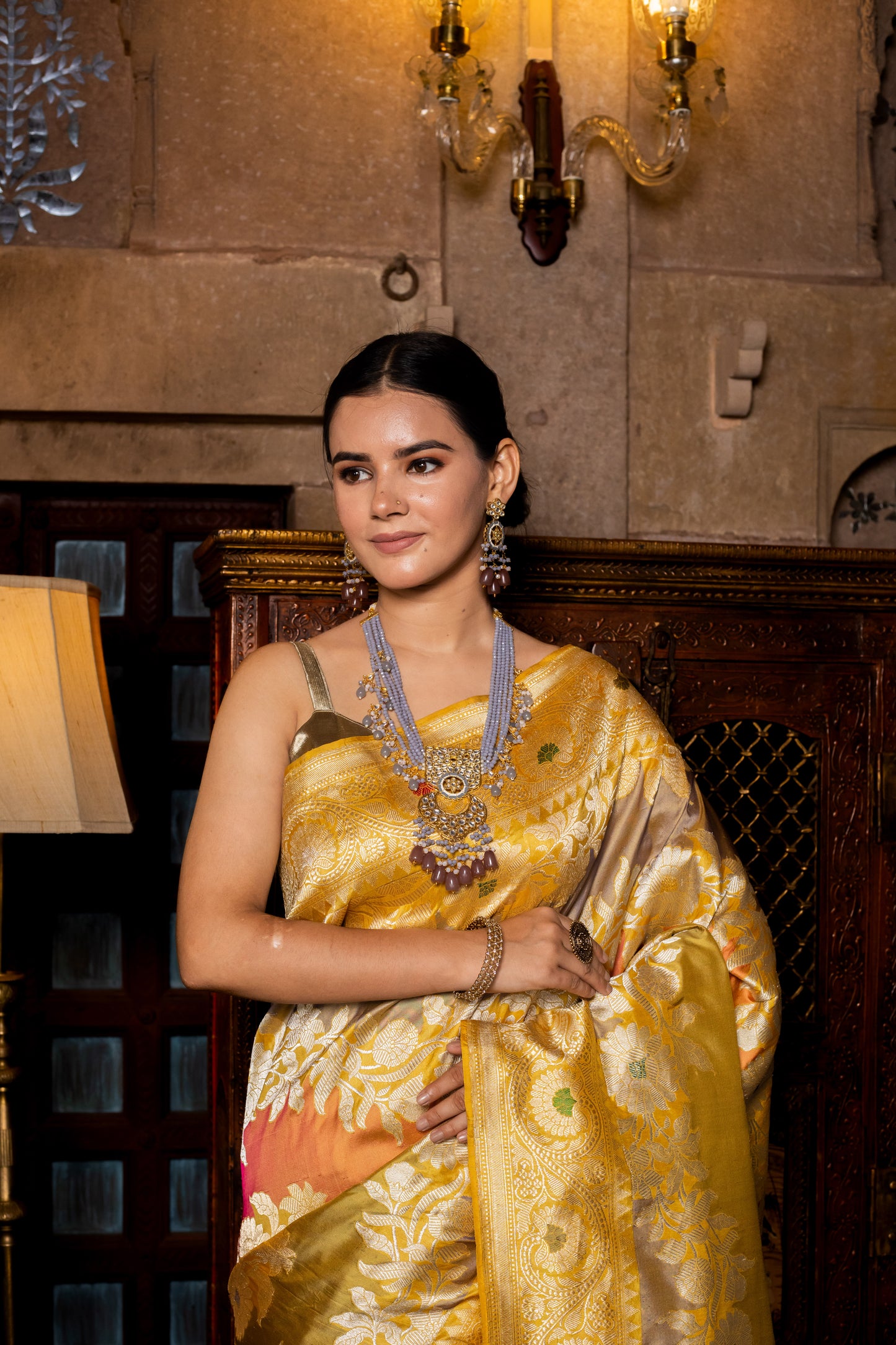 Gold Handwoven Rangkat Katan Silk Saree - Panaya 