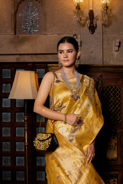 Gold Handwoven Rangkat Katan Silk Saree - Panaya 
