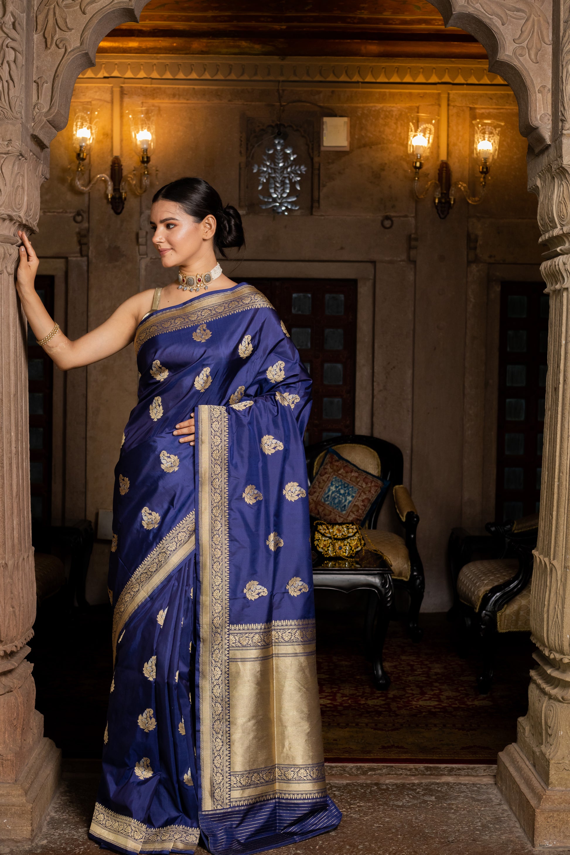 Royal Blue Handwoven Kadwa Katan Silk Saree