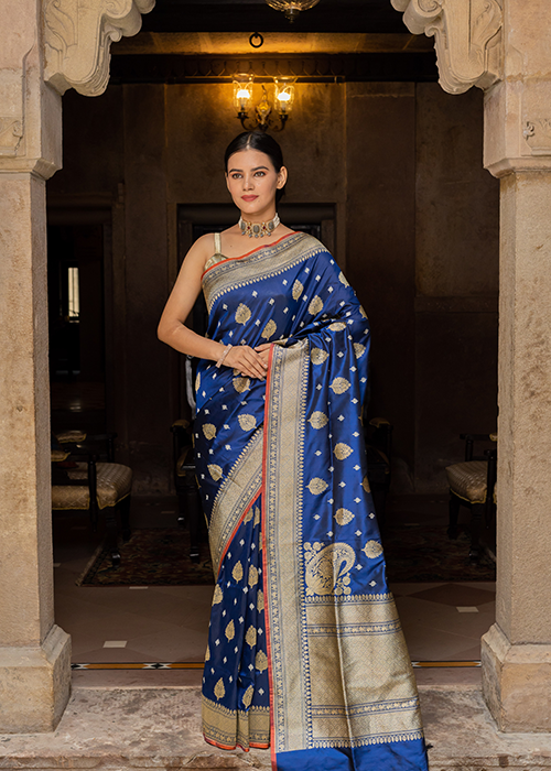 Blue Katan Silk Saree — Kadwa Jaal - The Panaya