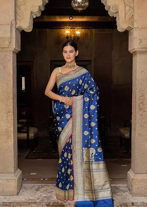 Blue Katan Silk Saree — Kadwa Jaal