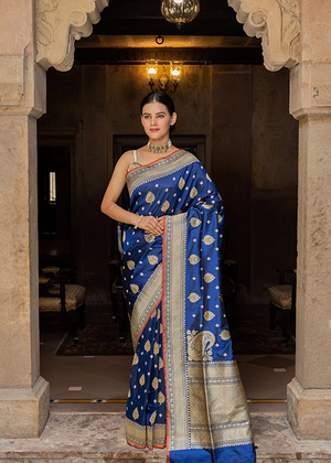 Blue Katan Silk Saree — Kadwa Jaal