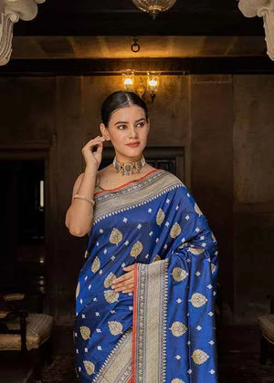 Blue Katan Silk Saree — Kadwa Jaal