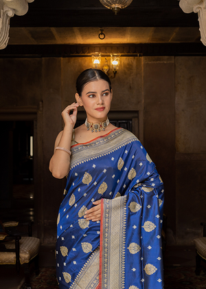 Blue Katan Silk Saree — Kadwa Jaal