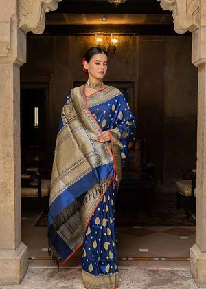 Blue Katan Silk Saree — Kadwa Jaal