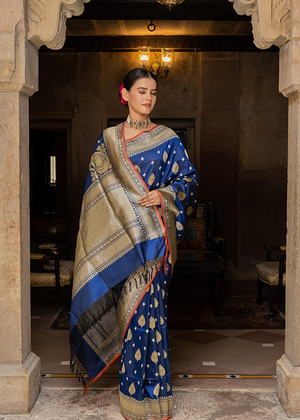 Blue Katan Silk Saree — Kadwa Jaal