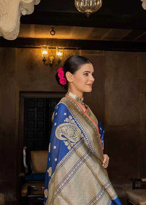 Blue Katan Silk Saree — Kadwa Jaal