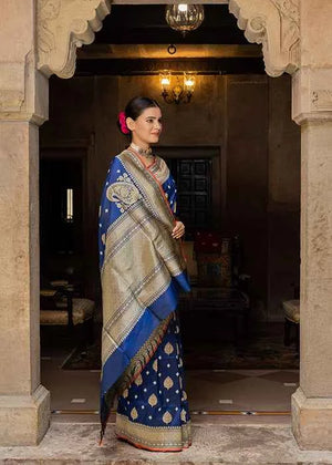 Blue Katan Silk Saree — Kadwa Jaal