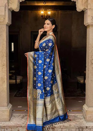 Blue Katan Silk Saree — Kadwa Jaal