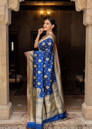 Blue Katan Silk Saree — Kadwa Jaal