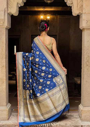 Blue Katan Silk Saree — Kadwa Jaal