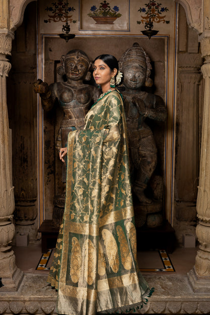 Green Tissue Pure Silk Handwoven Saree - Panaya 