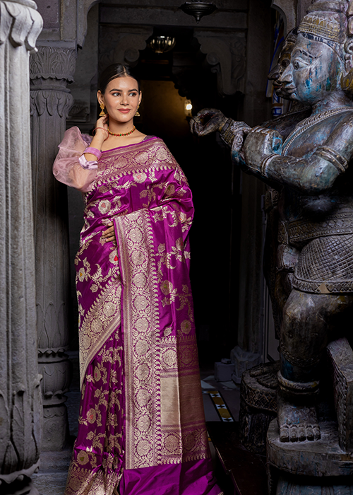 Magenta Katan Silk Saree — Kadwa Meena Jaal