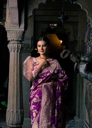 Magenta Katan Silk Saree — Kadwa Meena Jaal