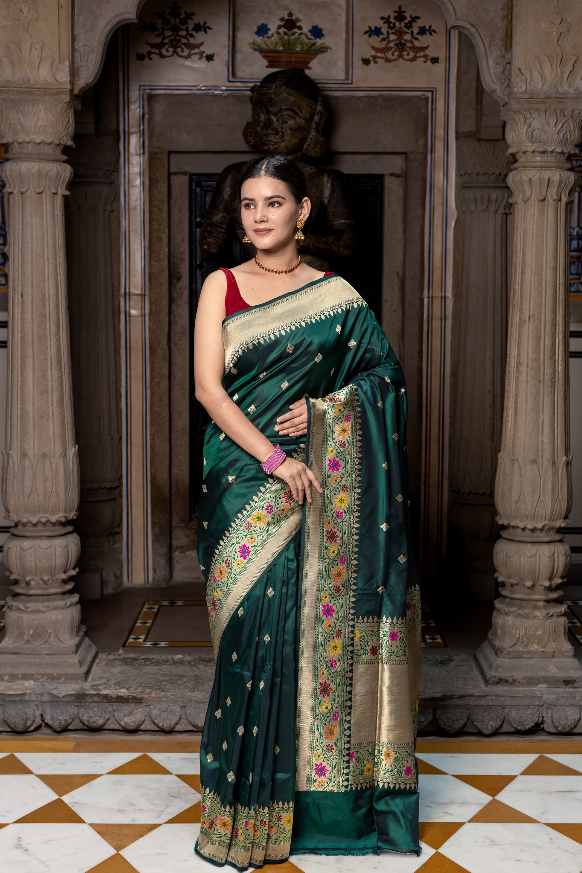 Bottle Green Handwoven Kadwa Katan Silk Saree