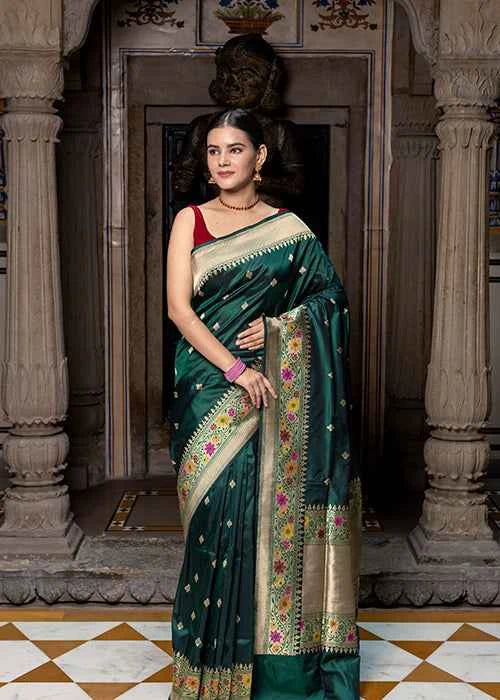 Green Katan Silk Saree — Kadwa Booti